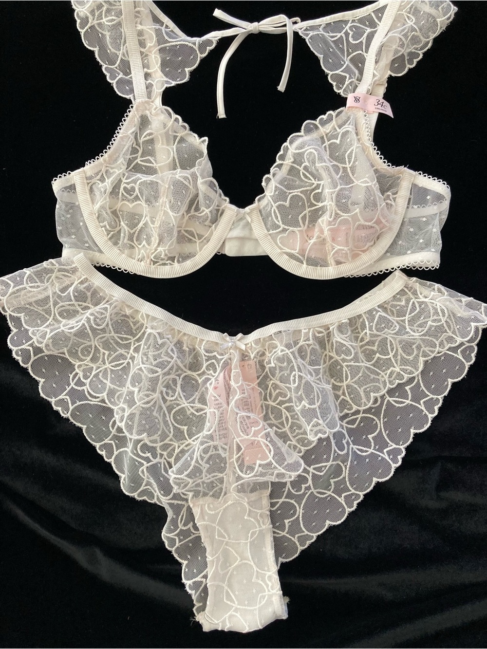 NWT Victoria’s Secret TEASE Unlined Demi Bra 34C Cheeky Panty (S) Ivory Hearts
